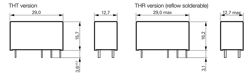 机械图纸 - TE Connectivity / Schrack RT2通用电源PCB继电器