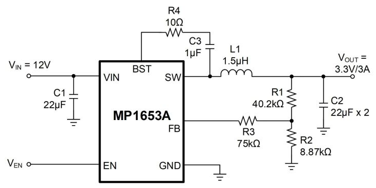 Application Circuit Diagram - Monolithic Power Systems (MPS) MP1653A Synchronous Step-Down Converters