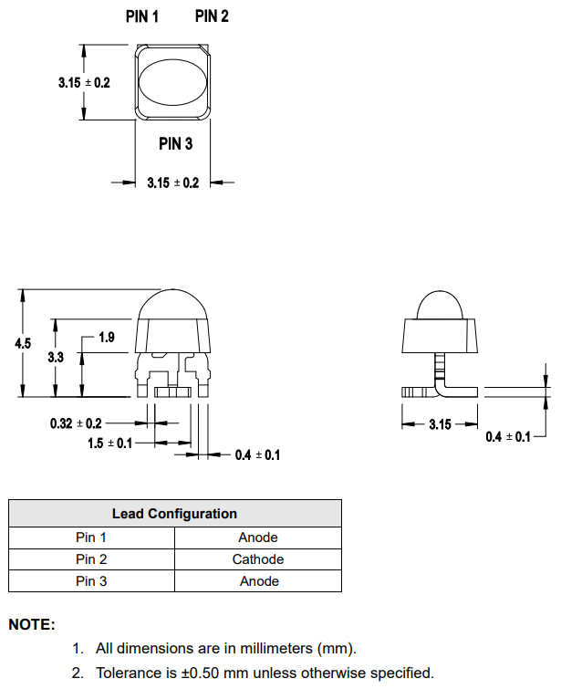 机械图纸 - Broadcom AAMD-Lx3x/AAMD-LY33迷你高亮椭圆形LED