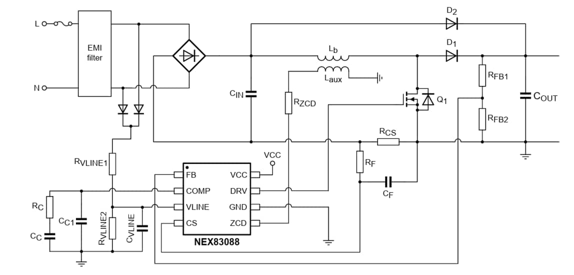 应用电路图 - Nexperia NEX8x88功率因数校正 (PFC) 控制器