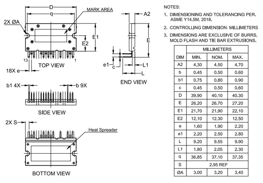 机械图纸 - onsemi NXVF6532M3TG01 650V EliteSiC H桥功率MOSFET