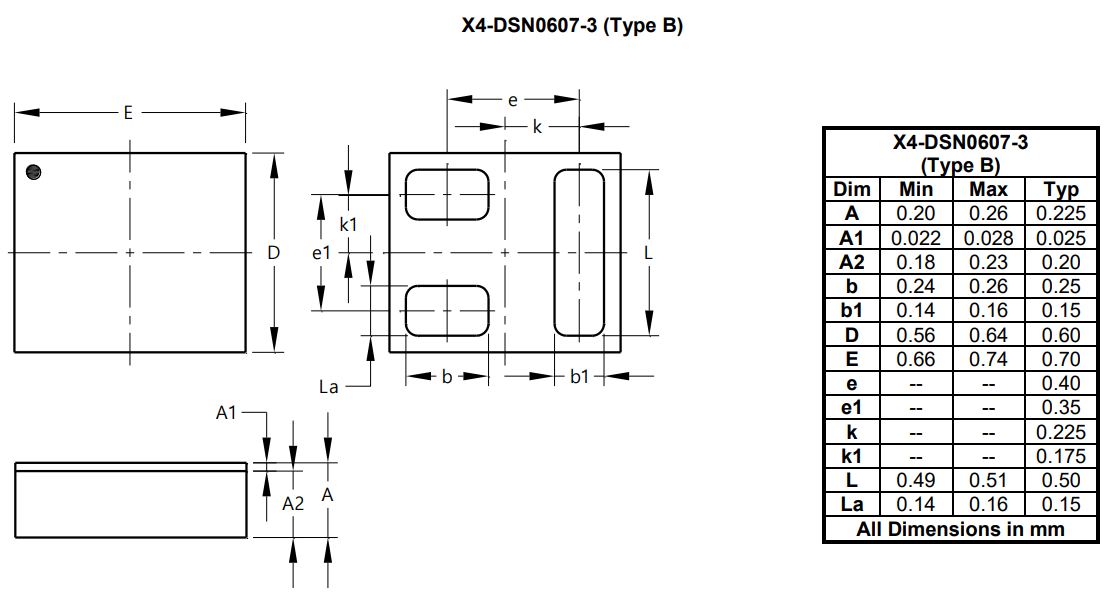 机械图纸 - Diodes Incorporated DMN1057UCA3 N沟道增强模式MOSFET
