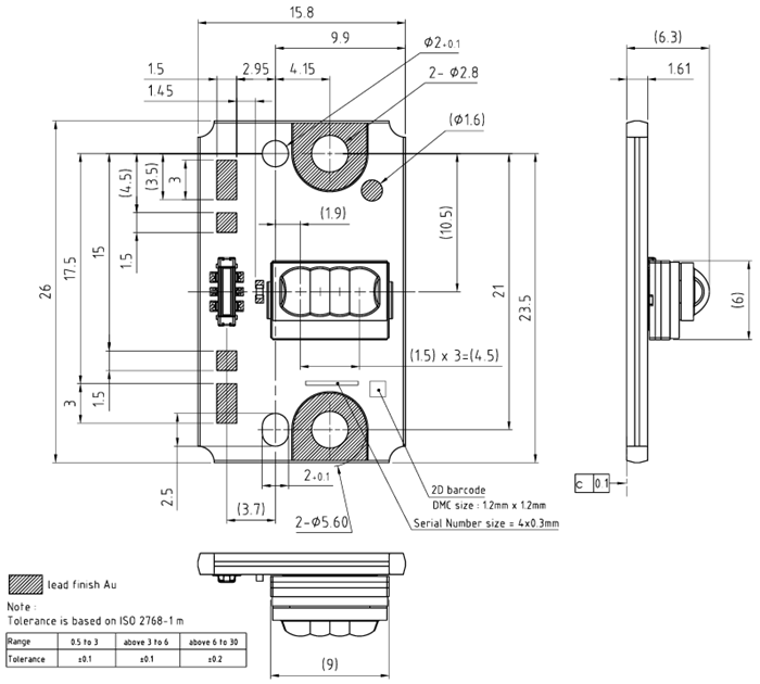 机械图纸 - ams OSRAM Vegalas™ Power PLPM6多芯片边缘发射激光器