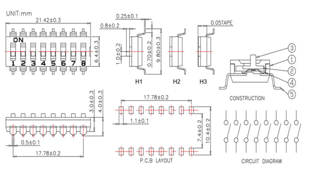 Mechanical Drawing - Schurter DMSD Low-Profile SMD DIP Switches