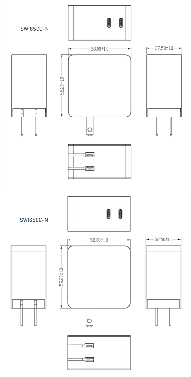 机械图纸 - CUI Inc SMI65CC和SWI65CC-N 65W AC-DC电源