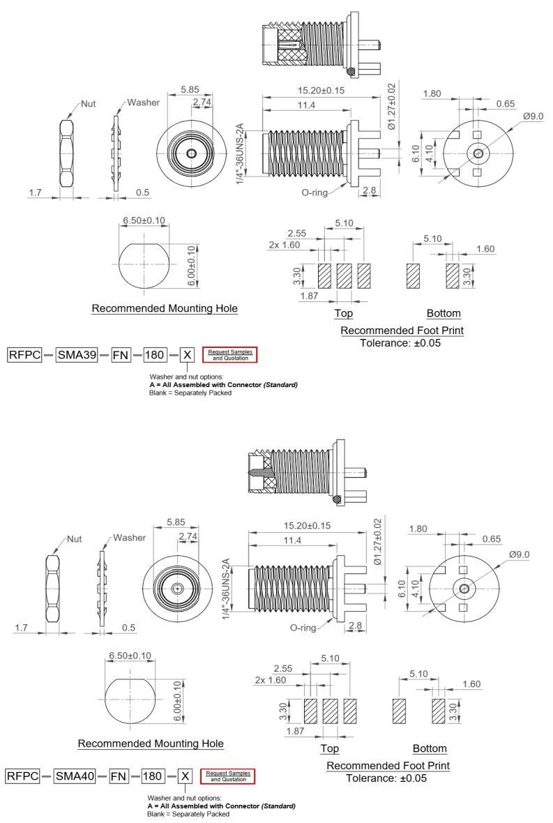 Mechanical Drawing - GCT IP-Rated PCB-Mount End-Launch SMA Connectors