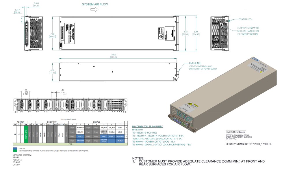 Mechanical Drawing - TDK-Lambda TPF12500-385 Power Supplies