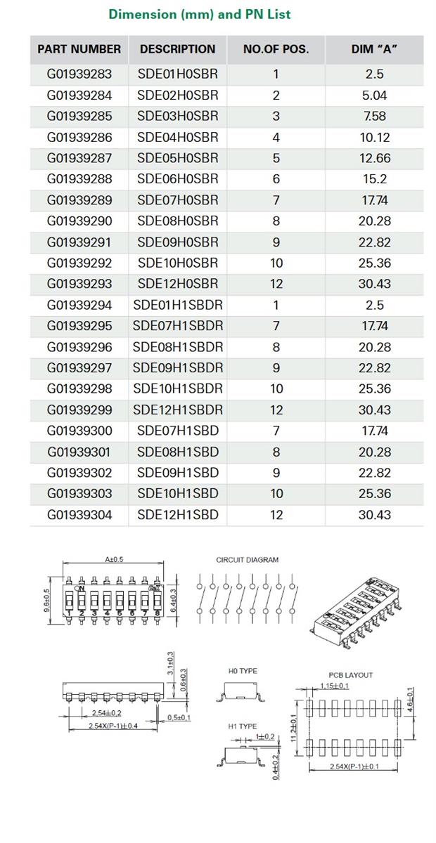 Mechanical Drawing - C&K Switches SDE End-Stackable Surface-Mount DIP Switches