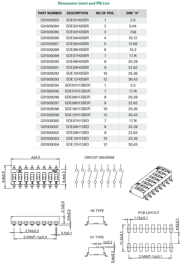Mechanical Drawing - C&K Switches SDE End-Stackable Surface-Mount DIP Switches
