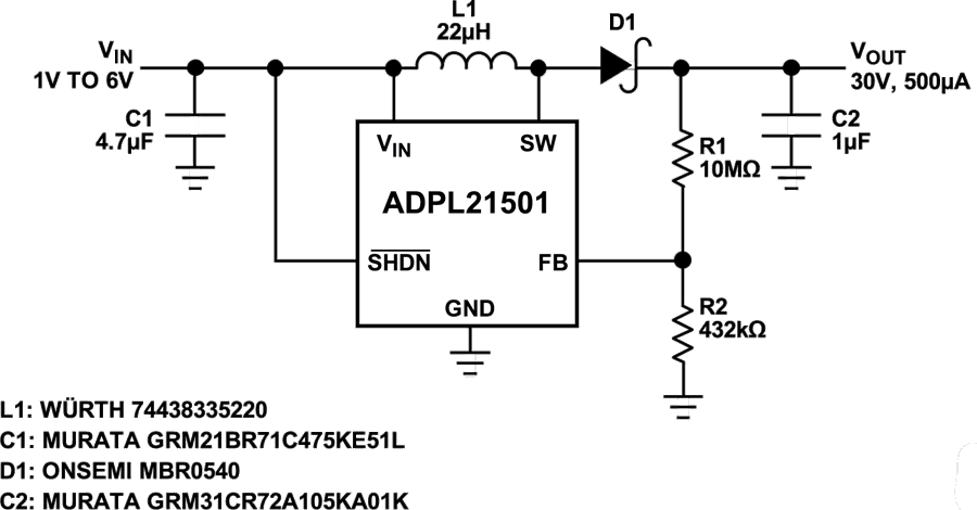 应用电路图 - Analog Devices Inc. ADPL21501微功耗升压直流-直流转换器