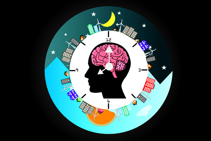 human brain in center of clock with city showing all times of day