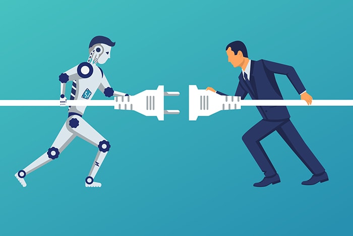 Business and robot connection. Symbol of working together, cooperation, partnership. Future collaboration. Vector illustration flat design. Human and artificial intelligence connect plug to outlet.