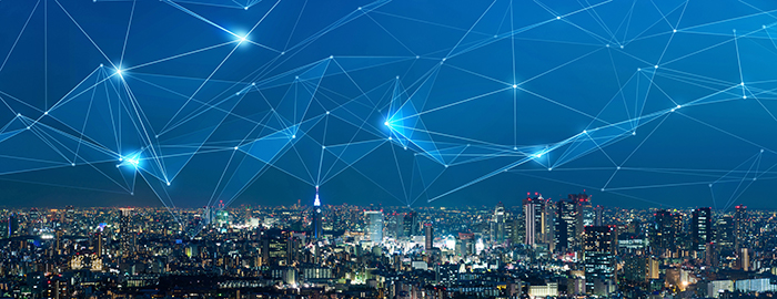 Smart city and communication network concept. 5G. LPWA (Low Power Wide Area). Wireless communication.