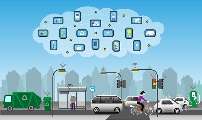 Internet of Things for smart city. Sensors in garbage cans for pickup time. Real-time traffic sensors to optimize traffic flow. Autonomous vehicles. Sensors for environmental condition. Vector ill.
