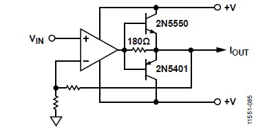 High capacitive load application circuit with PNP/NPN transistor for the ADA4700-1