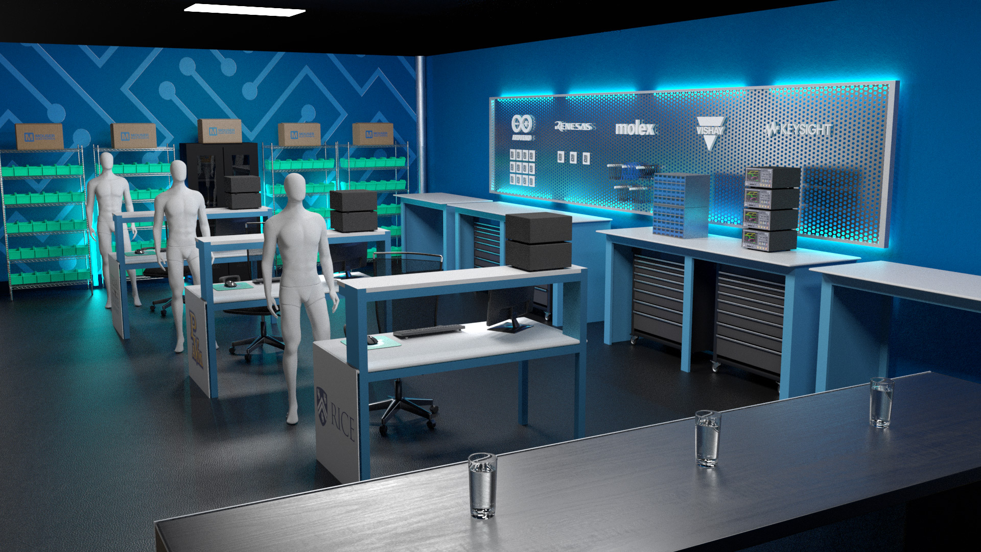 3D model of a high-tech lab featuring blue walls, branded logos, and simulated engineering setups for the Circuit Showdown series